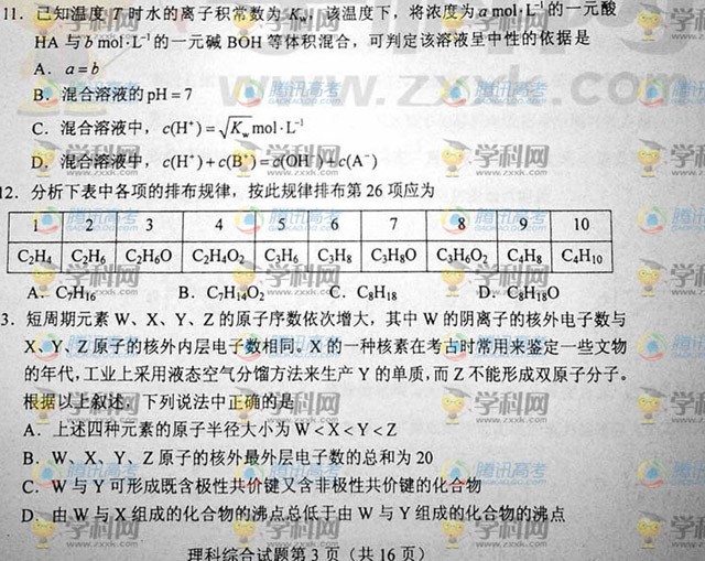 2012年湖南高考理科綜合答案