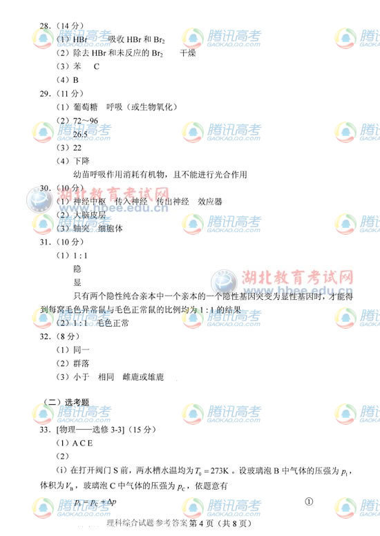 2012年湖北高考理科綜合答案