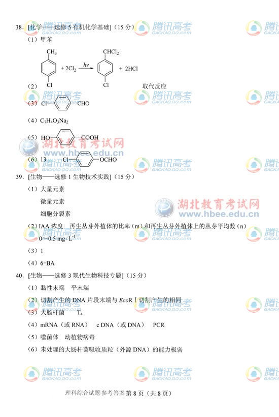 2012年湖北高考理科綜合答案