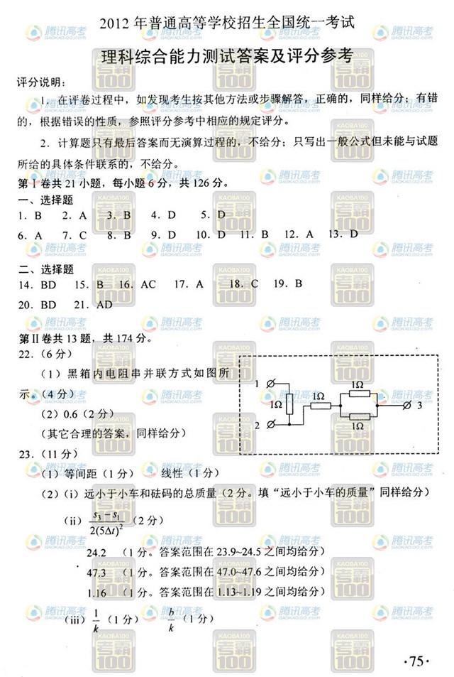 2012年貴州高考理科綜合答案